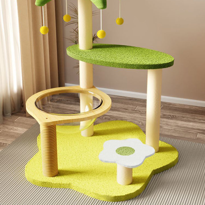 現代的なクリエイティブなベルベット、サイザル、アクリル、MDF、段ボールチューブの長方形の花型・ヤシの木型キャットツリー＆コンドミニアム 1-猫用コンドミニアム 2-止まり木 3-爪とぎポスト 4-おもちゃボール リビングルーム用 