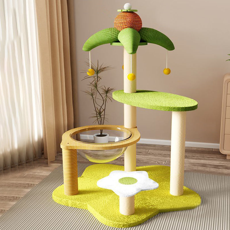 現代的なクリエイティブなベルベット、サイザル、アクリル、MDF、段ボールチューブの長方形の花型・ヤシの木型キャットツリー＆コンドミニアム 1-猫用コンドミニアム 2-止まり木 3-爪とぎポスト 4-おもちゃボール リビングルーム用 