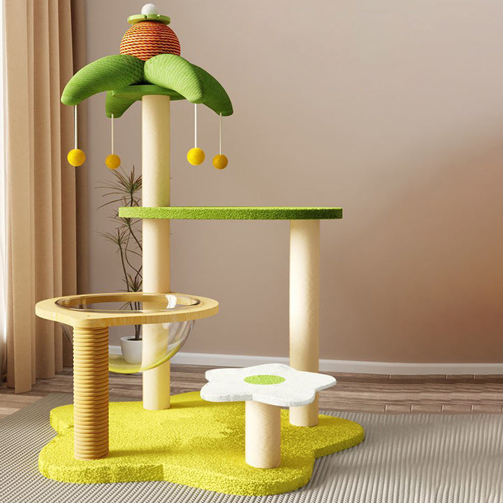現代的なクリエイティブなベルベット、サイザル、アクリル、MDF、段ボールチューブの長方形の花型・ヤシの木型キャットツリー＆コンドミニアム 1-猫用コンドミニアム 2-止まり木 3-爪とぎポスト 4-おもちゃボール リビングルーム用 
