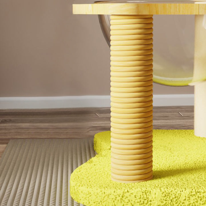現代的なクリエイティブなベルベット、サイザル、アクリル、MDF、段ボールチューブの長方形の花型・ヤシの木型キャットツリー＆コンドミニアム 1-猫用コンドミニアム 2-止まり木 3-爪とぎポスト 4-おもちゃボール リビングルーム用 
