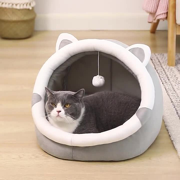 Modern minimalistisches, rundes Katzenbett aus Polyester in Autoform mit Ohren, 1 Spielball, herausnehmbare Matratze für Wohn- und Schlafzimmer 