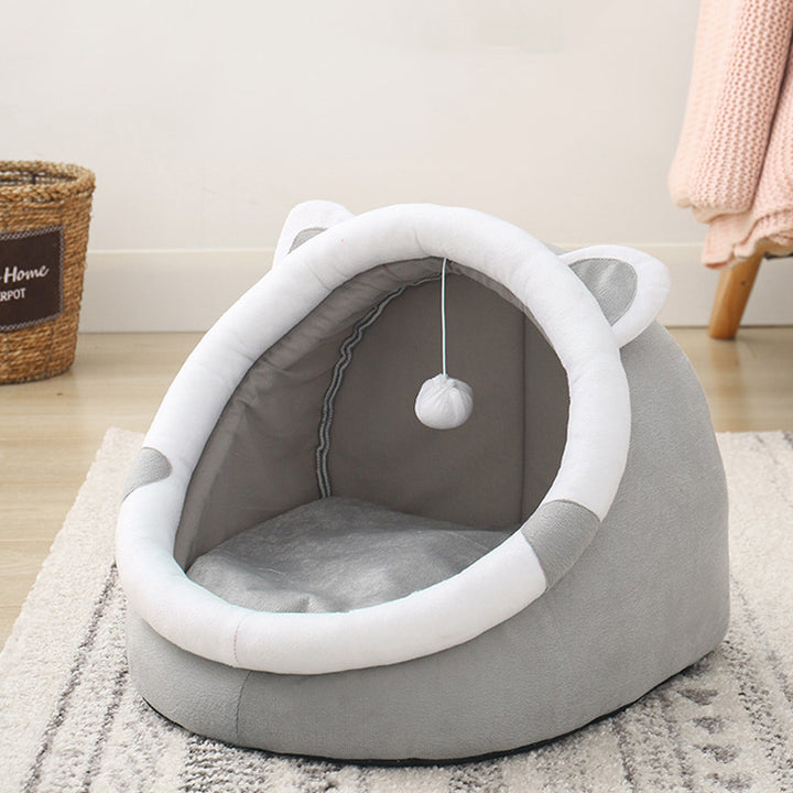 Cama para gato redonda de poliéster minimalista moderna con orejas de coche, 1 bola de juguete y almohadilla desmontable para sala de estar y dormitorio 