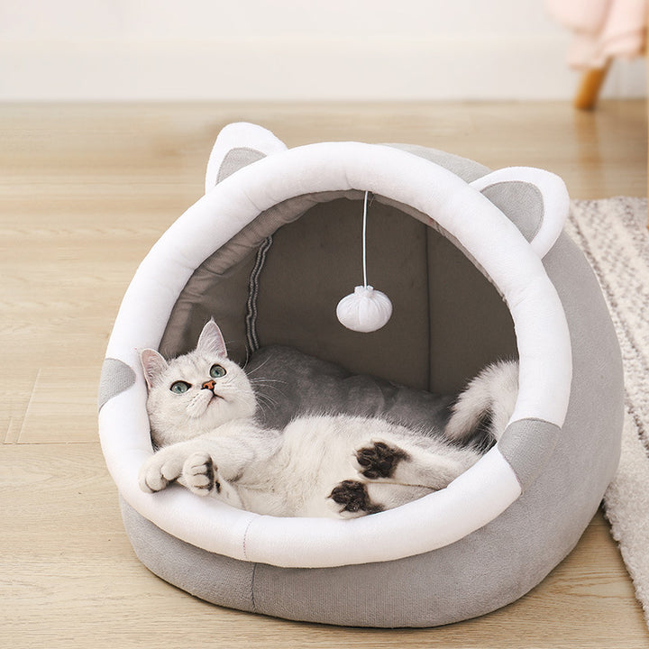 Cama para gato redonda de poliéster minimalista moderna con orejas de coche, 1 bola de juguete y almohadilla desmontable para sala de estar y dormitorio 