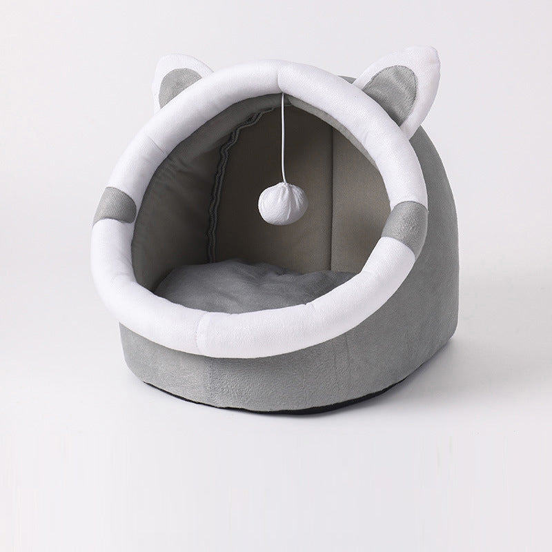 Modern minimalistisches, rundes Katzenbett aus Polyester in Autoform mit Ohren, 1 Spielball, herausnehmbare Matratze für Wohn- und Schlafzimmer 
