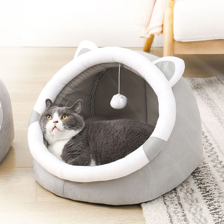 Modern minimalistisches, rundes Katzenbett aus Polyester in Autoform mit Ohren, 1 Spielball, herausnehmbare Matratze für Wohn- und Schlafzimmer 