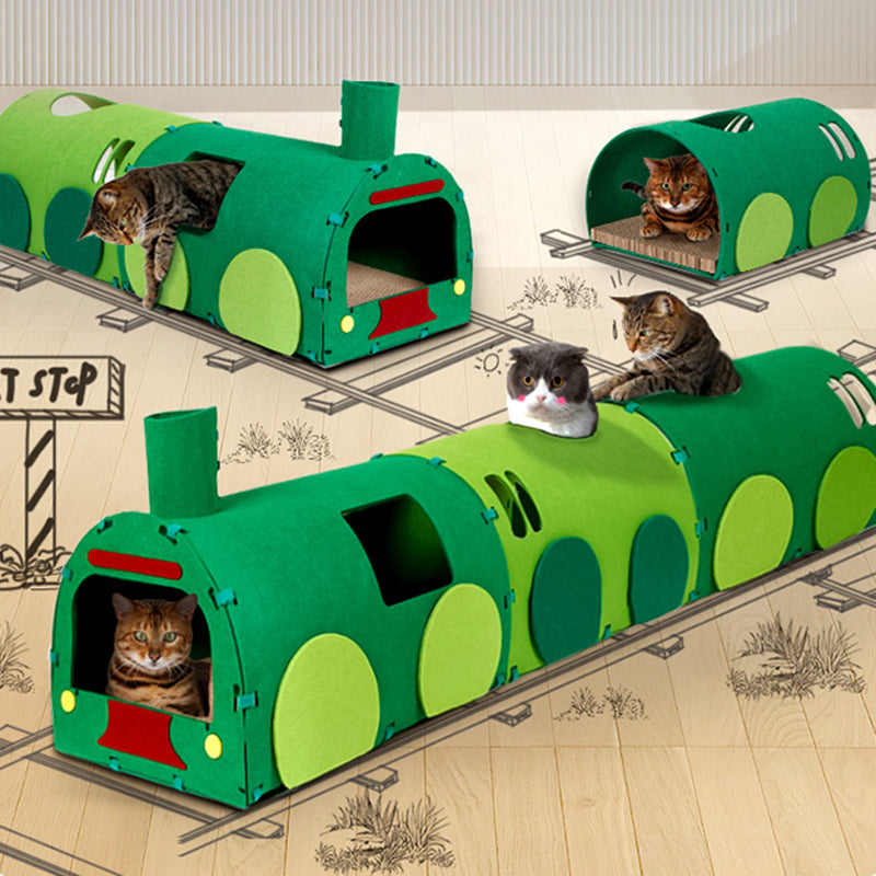 Contemporary Creative Non-woven Fabric Corrugated Paper Arched Rectangular Removable Cat Bed Green Train Tunnel &amp; Scratching Board For Living Room &amp; Bedroom