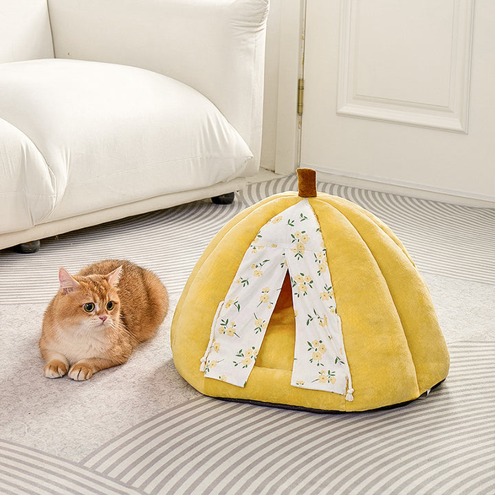 Contemporary Creative Velvet PP Cotton Pumpkin-Shaped Cat Bed For Living Room &amp; Bedroom