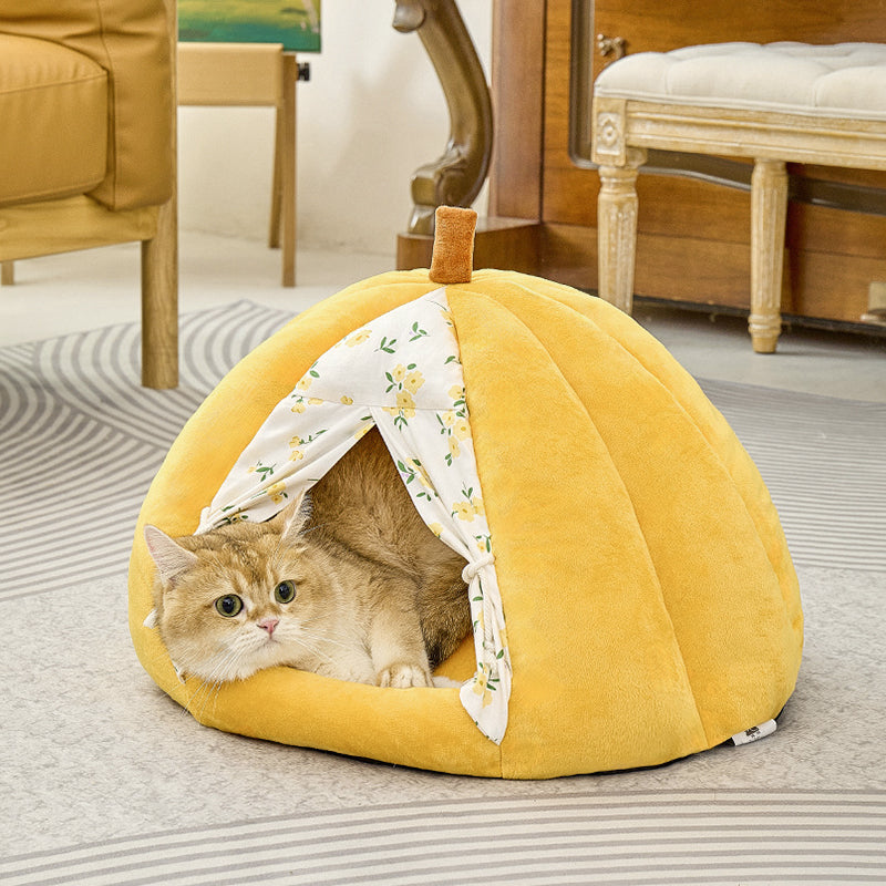 Contemporary Creative Velvet PP Cotton Pumpkin-Shaped Cat Bed For Living Room &amp; Bedroom