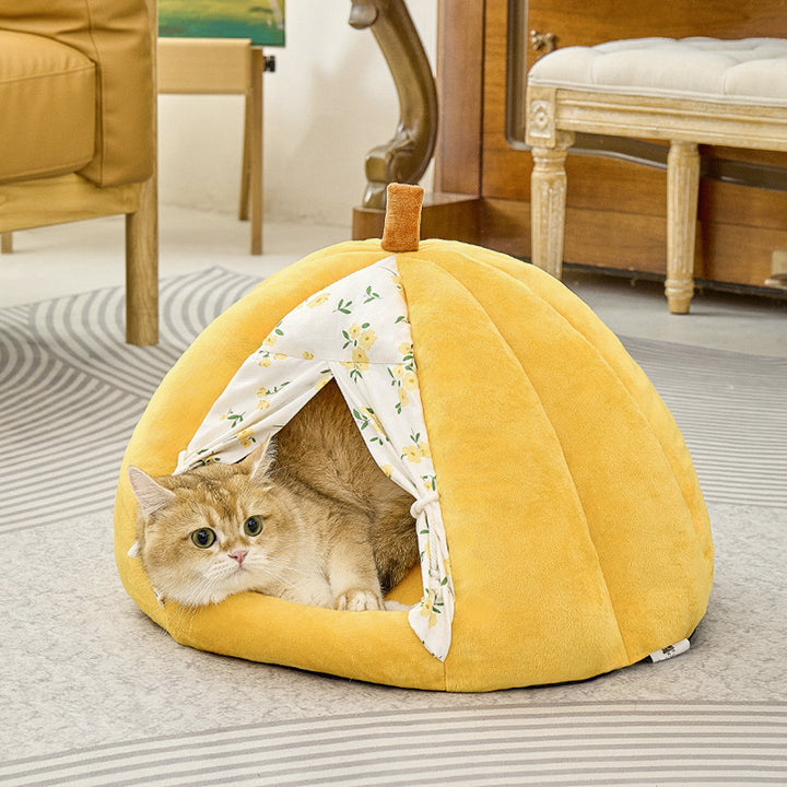 Contemporary Creative Velvet PP Cotton Pumpkin-Shaped Cat Bed For Living Room & Bedroom