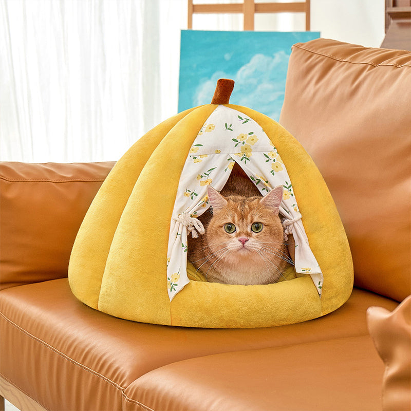 Contemporary Creative Velvet PP Cotton Pumpkin-Shaped Cat Bed For Living Room &amp; Bedroom
