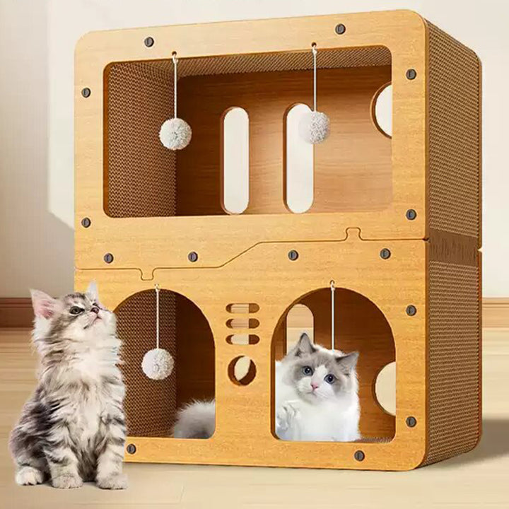 Modern Minimalist High-density Corrugated Paper MDF Rectangular Cat Bed 2-Tier 4-Toy Ball For Living Room &amp; Bedroom