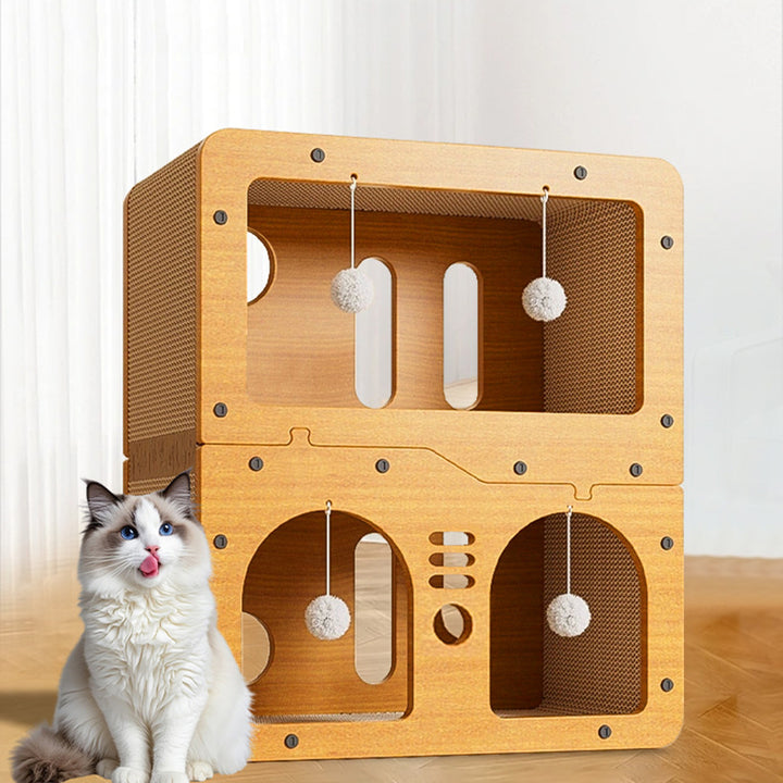 Modern Minimalist High-density Corrugated Paper MDF Rectangular Cat Bed 2-Tier 4-Toy Ball For Living Room &amp; Bedroom