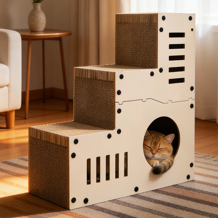 Modern Minimalist MDF Corrugated Paper Rectangular Cat Bed Stair Design Multi-Functional Cat Scratching Board For Living Room &amp; Bedroom