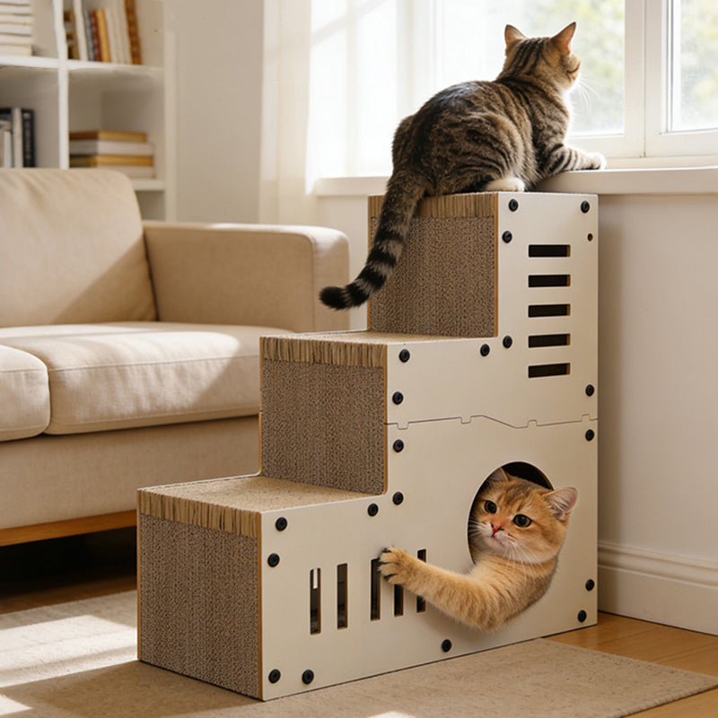 Modern Minimalist MDF Corrugated Paper Rectangular Cat Bed Stair Design Multi-Functional Cat Scratching Board For Living Room &amp; Bedroom