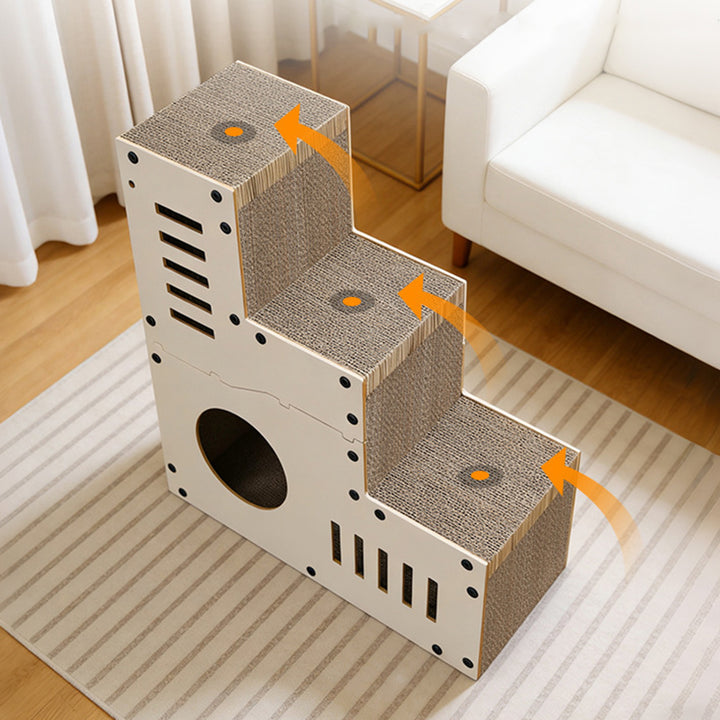Modern Minimalist MDF Corrugated Paper Rectangular Cat Bed Stair Design Multi-Functional Cat Scratching Board For Living Room &amp; Bedroom