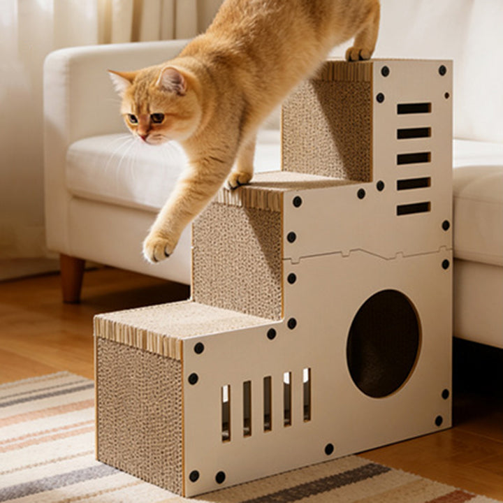 Modern Minimalist MDF Corrugated Paper Rectangular Cat Bed Stair Design Multi-Functional Cat Scratching Board For Living Room &amp; Bedroom