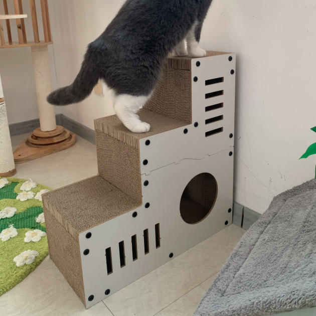 Modern Minimalist MDF Corrugated Paper Rectangular Cat Bed Stair Design Multi-Functional Cat Scratching Board For Living Room &amp; Bedroom