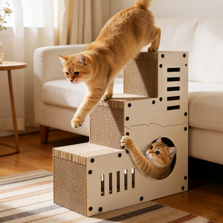 Modern Minimalist MDF Corrugated Paper Rectangular Cat Bed Stair Design Multi-Functional Cat Scratching Board For Living Room &amp; Bedroom