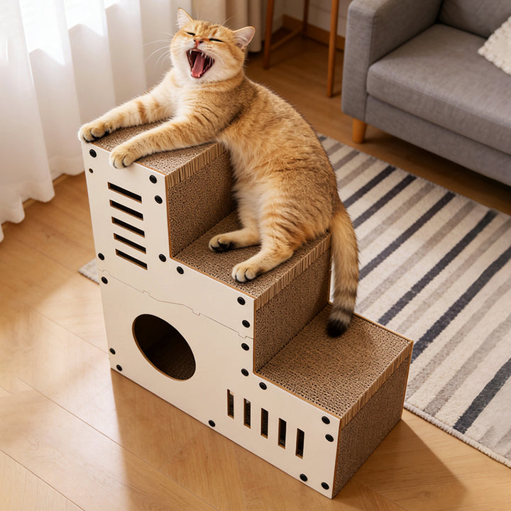 Modern Minimalist MDF Corrugated Paper Rectangular Cat Bed Stair Design Multi-Functional Cat Scratching Board For Living Room &amp; Bedroom