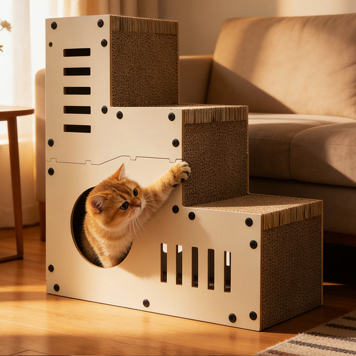 Modern Minimalist MDF Corrugated Paper Rectangular Cat Bed Stair Design Multi-Functional Cat Scratching Board For Living Room &amp; Bedroom