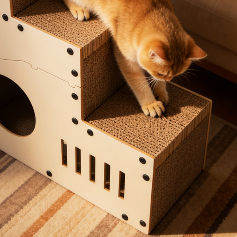 Modern Minimalist MDF Corrugated Paper Rectangular Cat Bed Stair Design Multi-Functional Cat Scratching Board For Living Room &amp; Bedroom