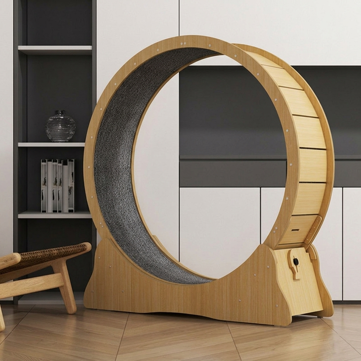 Moderner minimalistischer runder Katzen-Kratzboard-Lauftrainer aus HDF mit Samtbezug, leisem Lauf und weichem Bezug fürs Wohnzimmer 