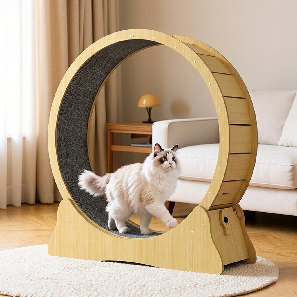 Moderner minimalistischer runder Katzen-Kratzboard-Lauftrainer aus HDF mit Samtbezug, leisem Lauf und weichem Bezug fürs Wohnzimmer 