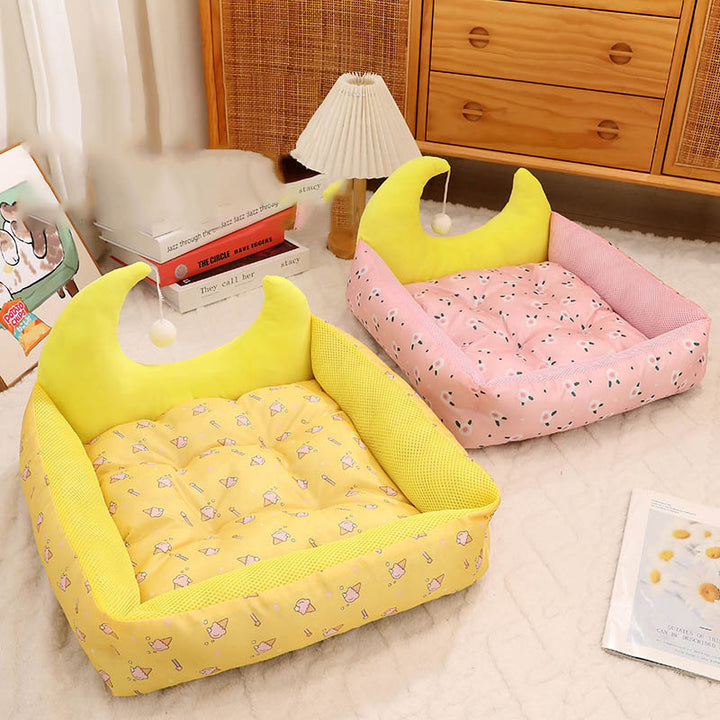 Contemporary Creative Oxford Fabric PP Cotton Rectangular Moon-Shaped Cat Bed 1-Toy Ball For Living Room & Bedroom