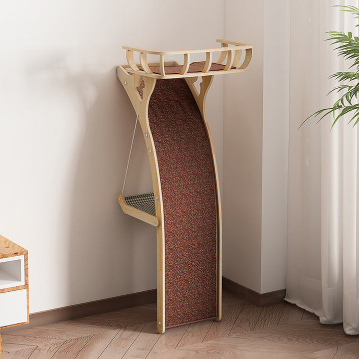 Modern Minimalist Plywood MDF Cotton-linen Rectangular Arc-Shaped Cat Tree & Condos 1-Hammock 1-Perch 1-Scratching Board For Living Room