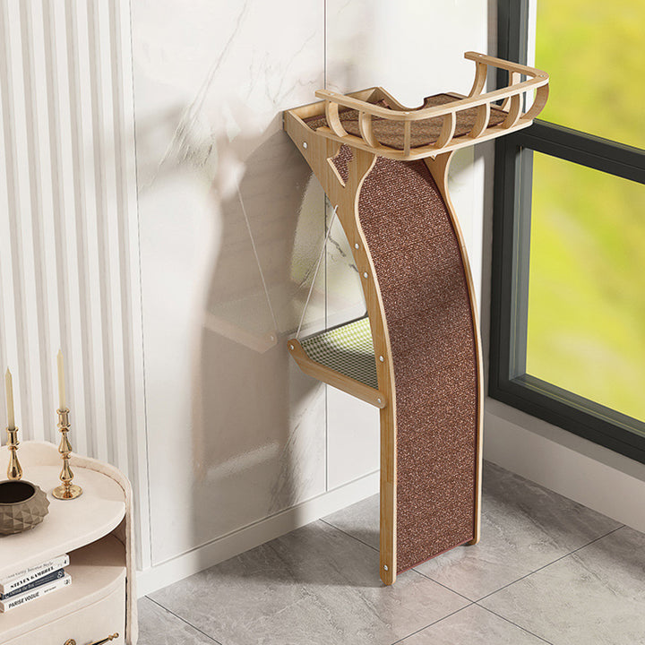 Modern Minimalist Plywood MDF Cotton-linen Rectangular Arc-Shaped Cat Tree & Condos 1-Hammock 1-Perch 1-Scratching Board For Living Room