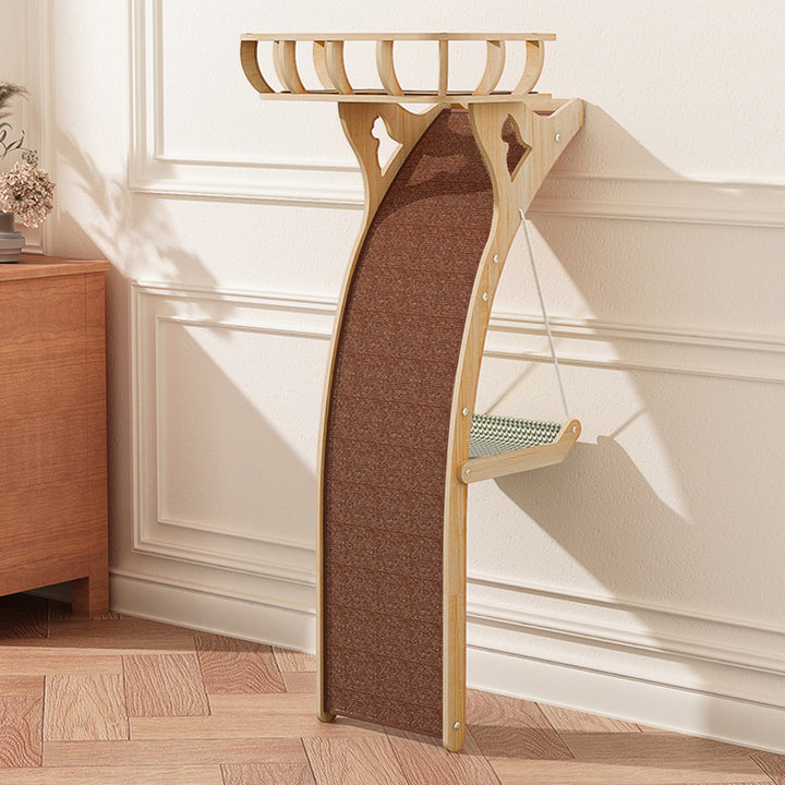Modern Minimalist Plywood MDF Cotton-linen Rectangular Arc-Shaped Cat Tree & Condos 1-Hammock 1-Perch 1-Scratching Board For Living Room