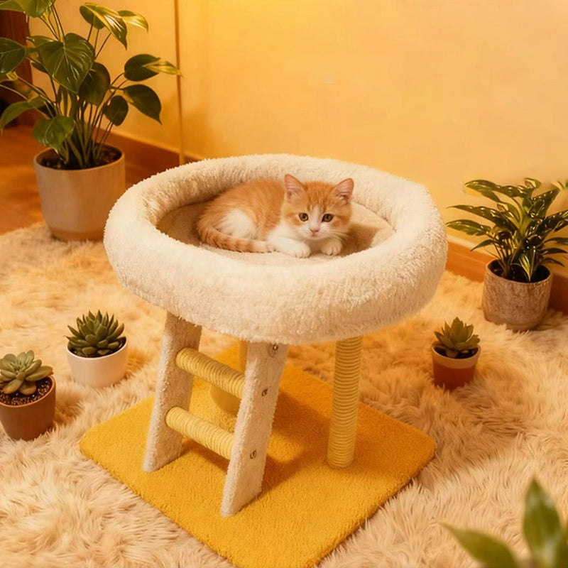 Moderner minimalistischer rechteckiger Katzenbaum und Katzenhöhlen aus MDF, Samt und Sisal, 1 Höhle, 1 Leiter, 2 Kratzsäulen, für das Wohnzimmer 