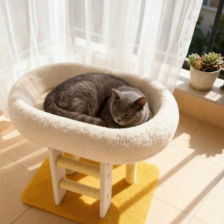 Moderner minimalistischer rechteckiger Katzenbaum und Katzenhöhlen aus MDF, Samt und Sisal, 1 Höhle, 1 Leiter, 2 Kratzsäulen, für das Wohnzimmer 