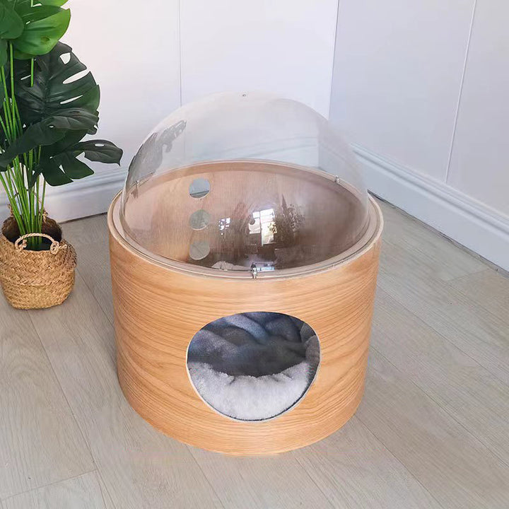 Cama para gato ovalada tipo cápsula espacial de MDF minimalista moderno, sisal y acrílico para sala de estar y dormitorio 