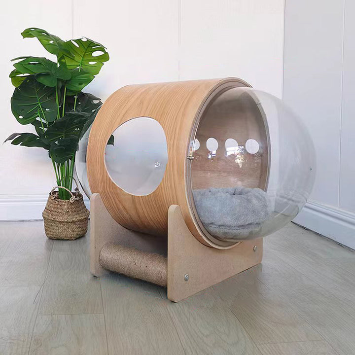 Moderner minimalistischer ovaler Katzenkorb aus MDF, Sisal und Acryl in Raumkapsel-Optik für Wohnzimmer &amp; Schlafzimmer 