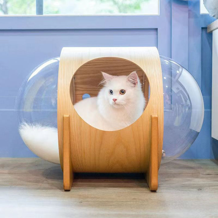 Cama para gato ovalada tipo cápsula espacial de MDF minimalista moderno, sisal y acrílico para sala de estar y dormitorio 