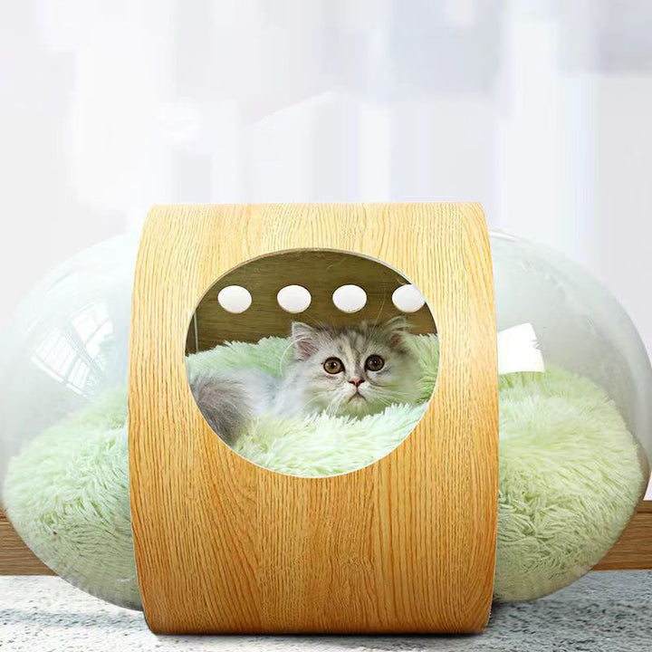 Moderner minimalistischer ovaler Katzenkorb aus MDF, Sisal und Acryl in Raumkapsel-Optik für Wohnzimmer &amp; Schlafzimmer 
