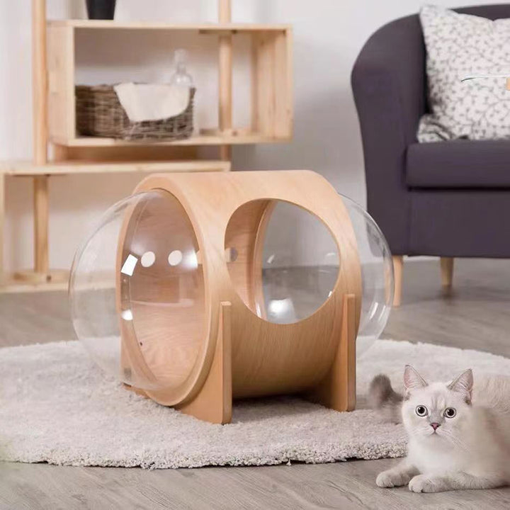 Moderner minimalistischer ovaler Katzenkorb aus MDF, Sisal und Acryl in Raumkapsel-Optik für Wohnzimmer &amp; Schlafzimmer 