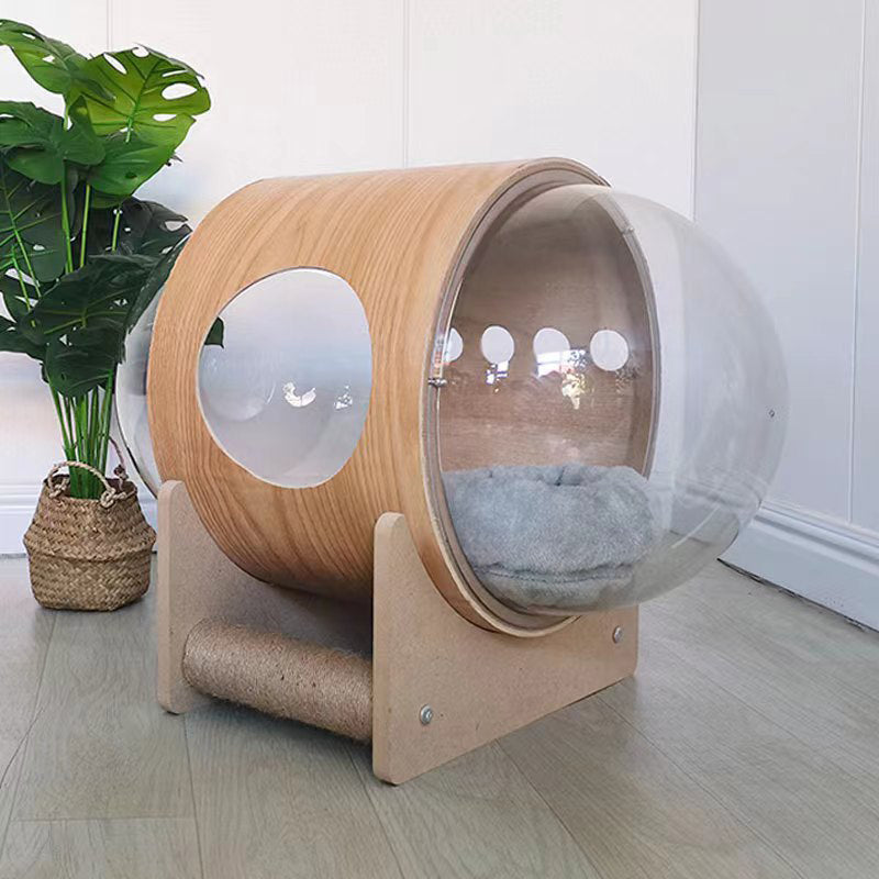 Moderner minimalistischer ovaler Katzenkorb aus MDF, Sisal und Acryl in Raumkapsel-Optik für Wohnzimmer &amp; Schlafzimmer 