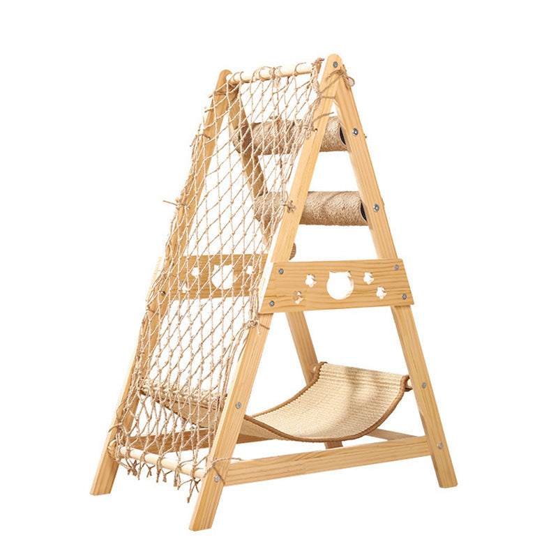 Moderner minimalistischer Katzenbaum &amp; Katzenwohnungen aus MDF, Baumwoll-Leinen und Jute in Dreiecksform mit 1 Hängematte und 2 Kratzpfosten für das Wohnzimmer 