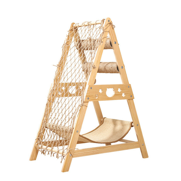 Moderner minimalistischer Katzenbaum &amp; Katzenwohnungen aus MDF, Baumwoll-Leinen und Jute in Dreiecksform mit 1 Hängematte und 2 Kratzpfosten für das Wohnzimmer 