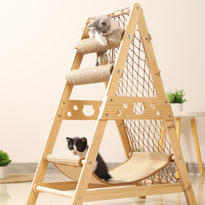 Árbol rascador y condominios triangulares para gatos de estilo moderno y minimalista en MDF, algodón-lino y yute, con 1 hamaca y 2 postes rascadores, para sala de estar 