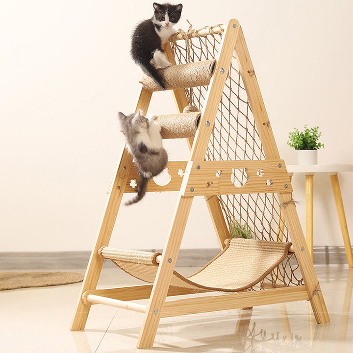 Árbol rascador y condominios triangulares para gatos de estilo moderno y minimalista en MDF, algodón-lino y yute, con 1 hamaca y 2 postes rascadores, para sala de estar 