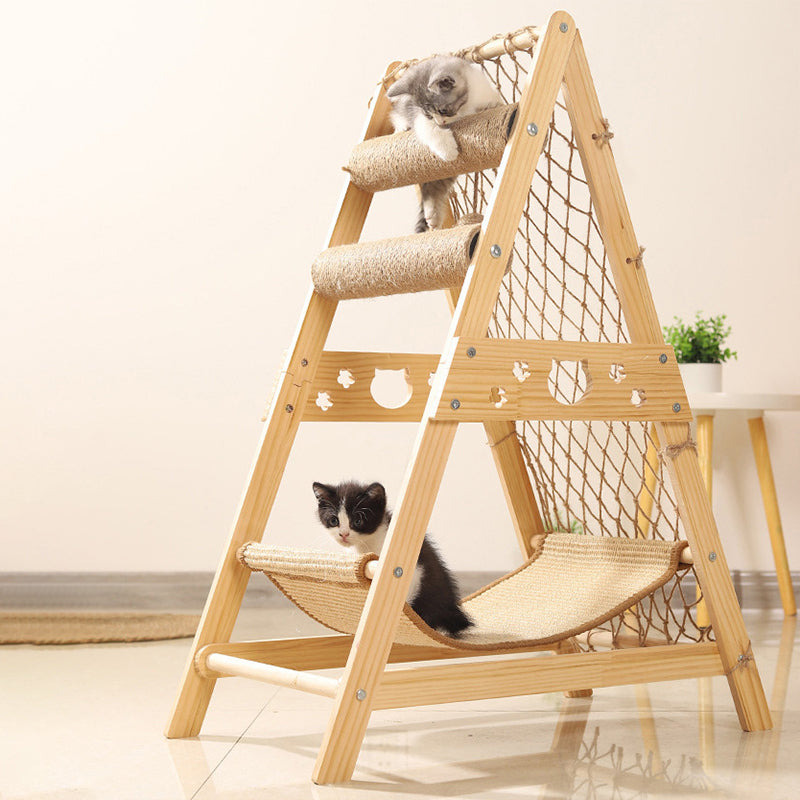 Moderner minimalistischer Katzenbaum &amp; Katzenwohnungen aus MDF, Baumwoll-Leinen und Jute in Dreiecksform mit 1 Hängematte und 2 Kratzpfosten für das Wohnzimmer 