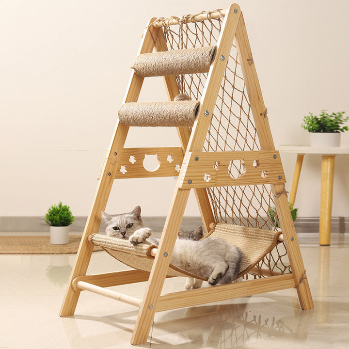 Árbol rascador y condominios triangulares para gatos de estilo moderno y minimalista en MDF, algodón-lino y yute, con 1 hamaca y 2 postes rascadores, para sala de estar 