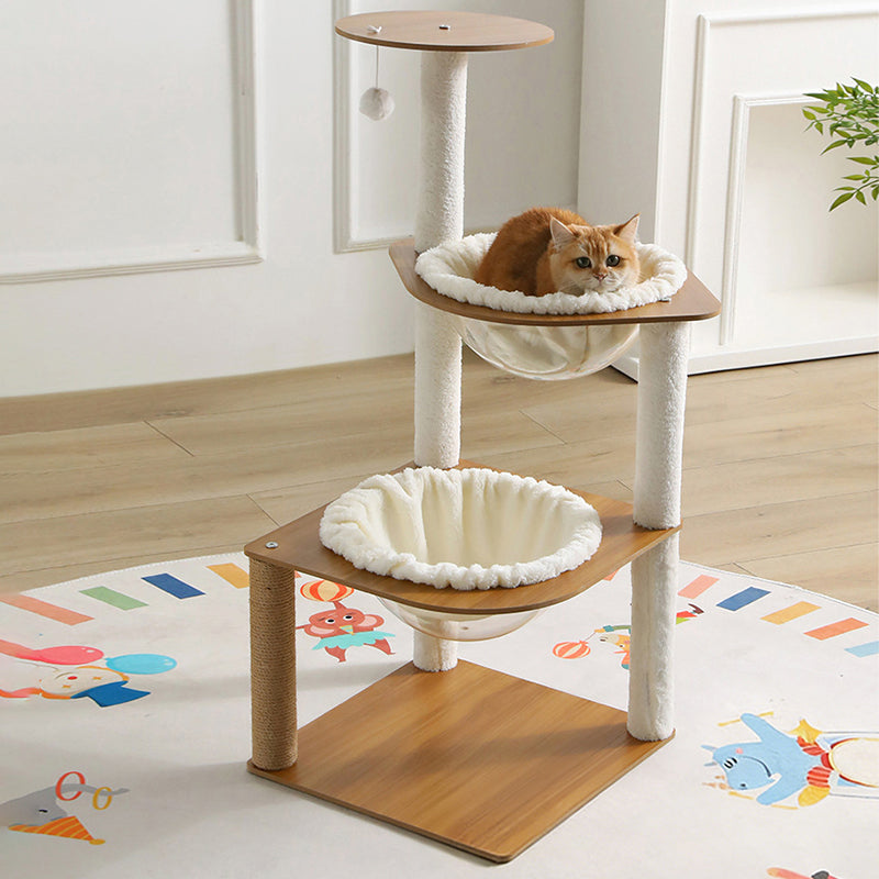Moderner minimalistischer Katzenbaum aus Verbundplatte, Acryl, Samt und Sisal, rechteckig, mit 2 Höhlen, 1 Liegefläche und 1 Spielball fürs Wohnzimmer 