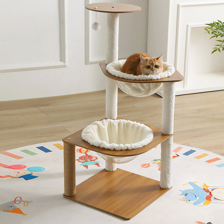 Moderner minimalistischer Katzenbaum aus Verbundplatte, Acryl, Samt und Sisal, rechteckig, mit 2 Höhlen, 1 Liegefläche und 1 Spielball fürs Wohnzimmer 