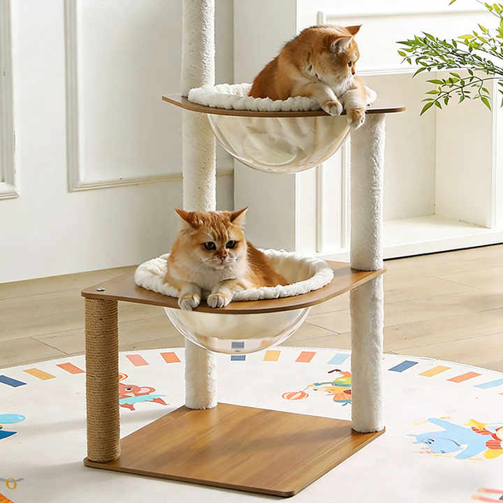 Moderner minimalistischer Katzenbaum aus Verbundplatte, Acryl, Samt und Sisal, rechteckig, mit 2 Höhlen, 1 Liegefläche und 1 Spielball fürs Wohnzimmer 