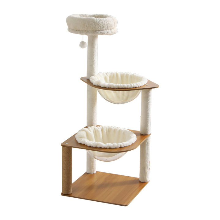 Moderner minimalistischer Katzenbaum aus Verbundplatte, Acryl, Samt und Sisal, rechteckig, mit 2 Höhlen, 1 Liegefläche und 1 Spielball fürs Wohnzimmer 