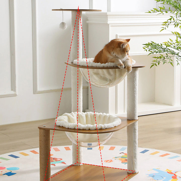 Moderner minimalistischer Katzenbaum aus Verbundplatte, Acryl, Samt und Sisal, rechteckig, mit 2 Höhlen, 1 Liegefläche und 1 Spielball fürs Wohnzimmer 